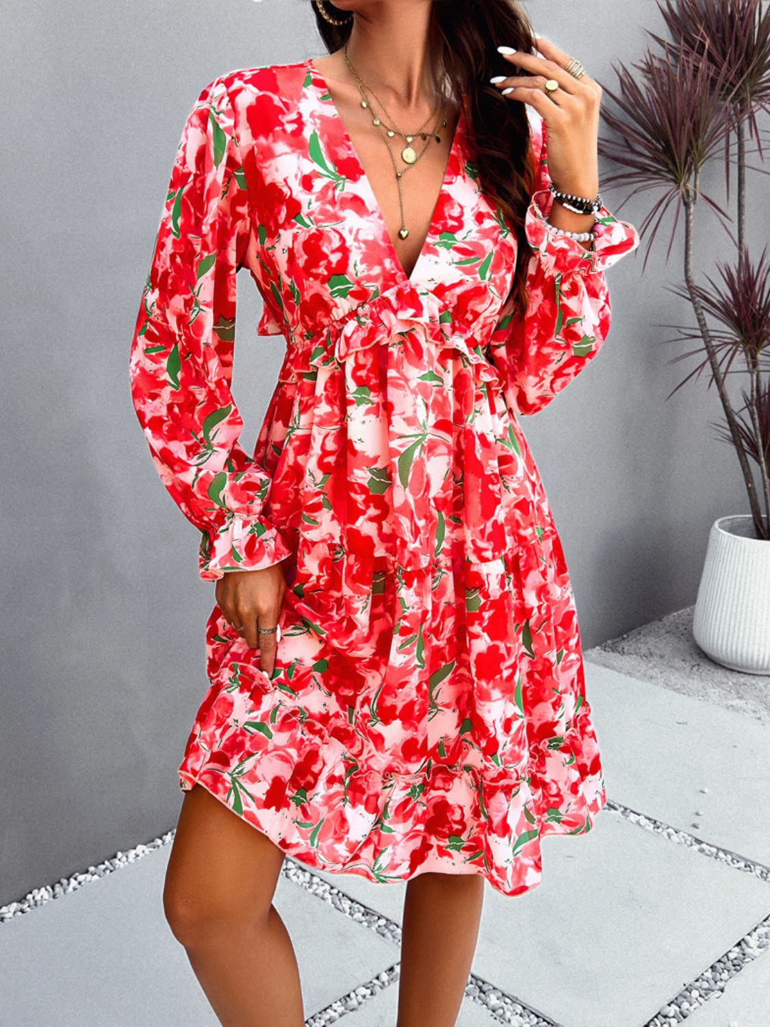 Backless Printed V-Neck Flounce Sleeve Dress-Angel Casuals