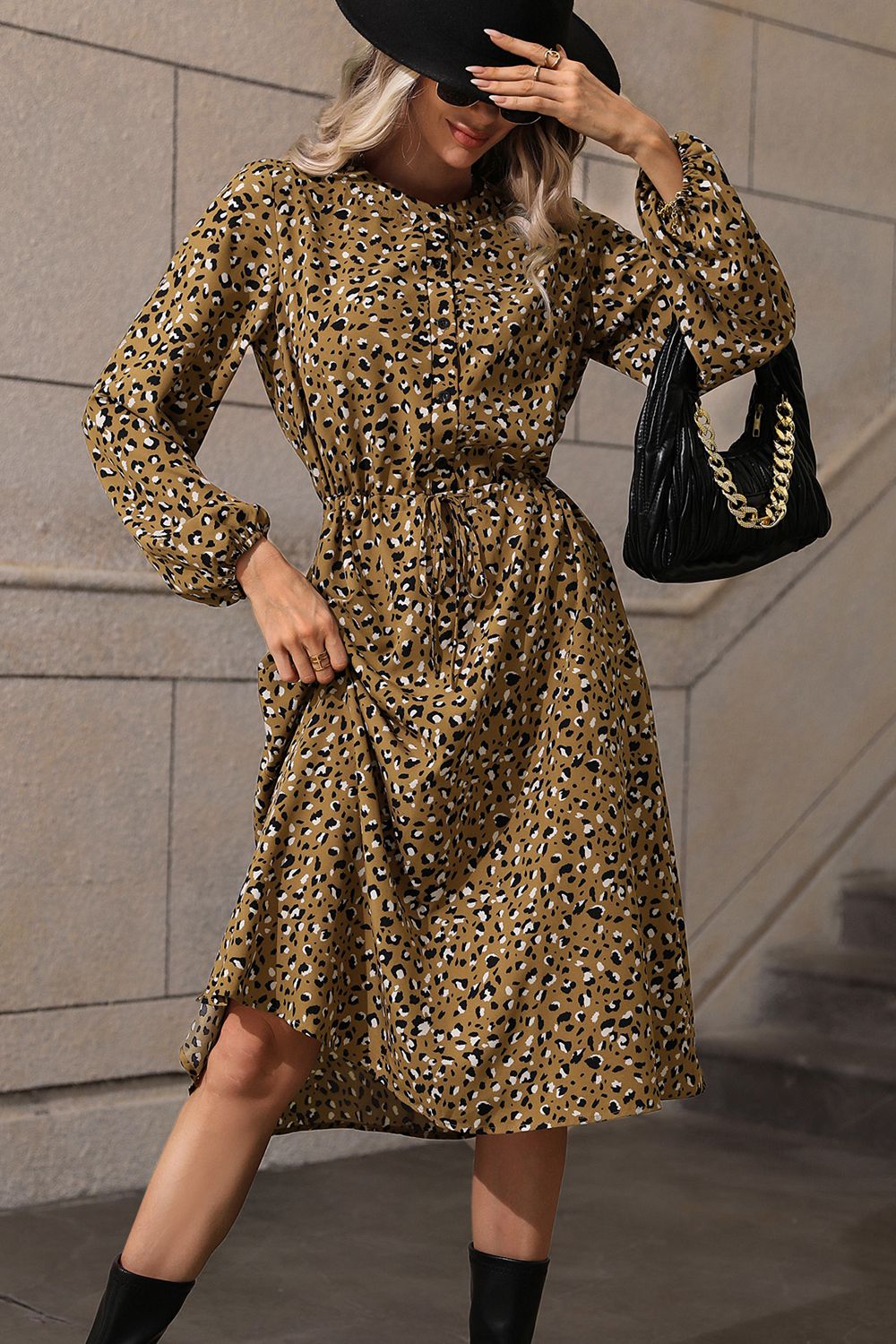 Printed Long Sleeve Midi Dress-Angel Casuals