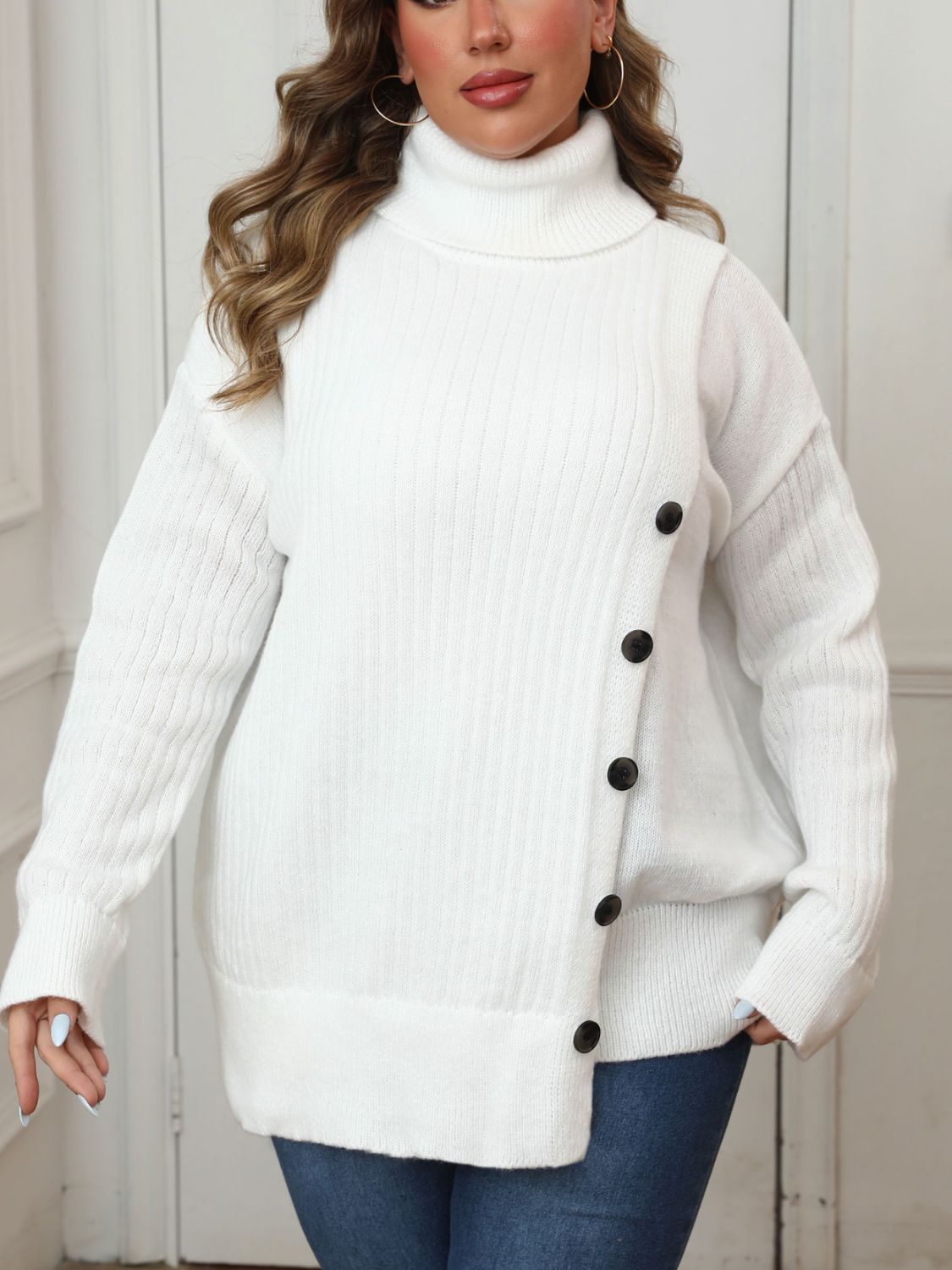 Plus Size Turtleneck Long Sleeve Sweater-Angel Casuals