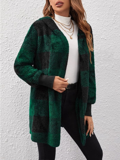 Plaid Long Sleeve Hooded Coat-Angel Casuals