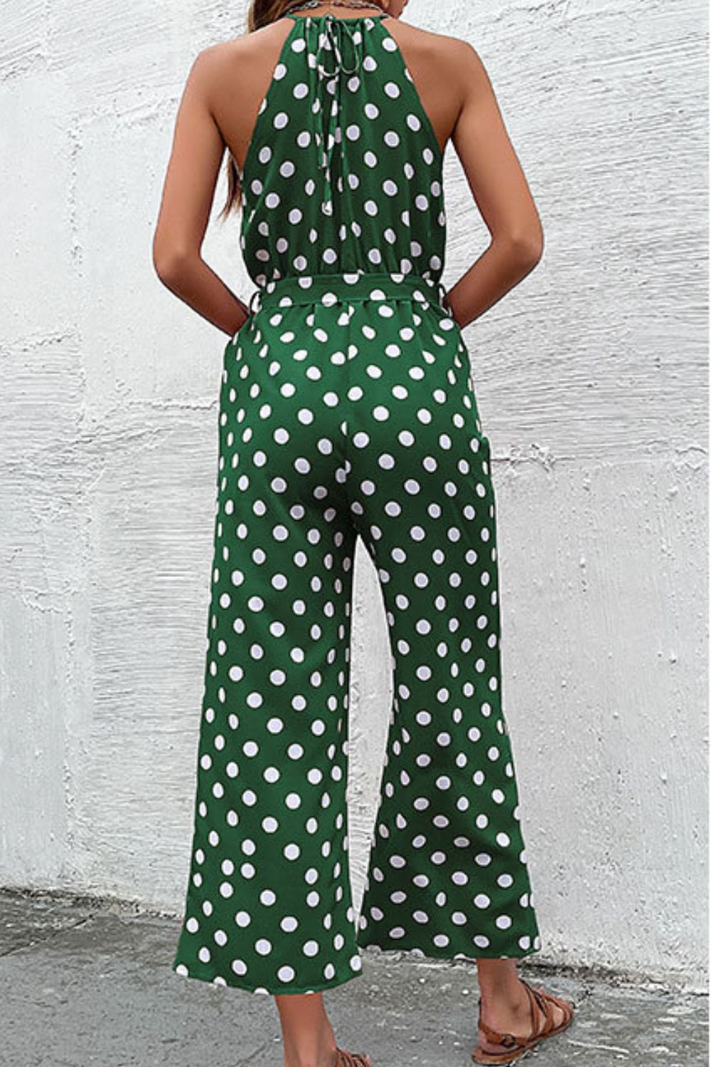 Polka Dot Grecian Wide Leg Jumpsuit-Angel Casuals