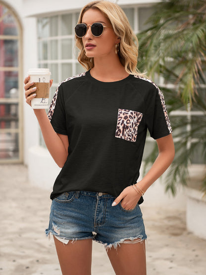 Pocketed Leopard Round Neck Short Sleeve T-Shirt-Angel Casuals