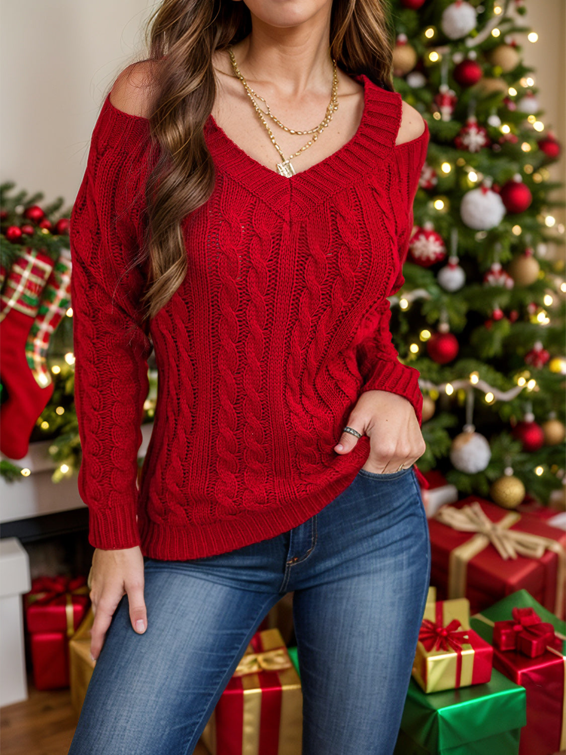 Honey Cable-Knit V-Neck Cold Shoulder Sweater-Angel Casuals