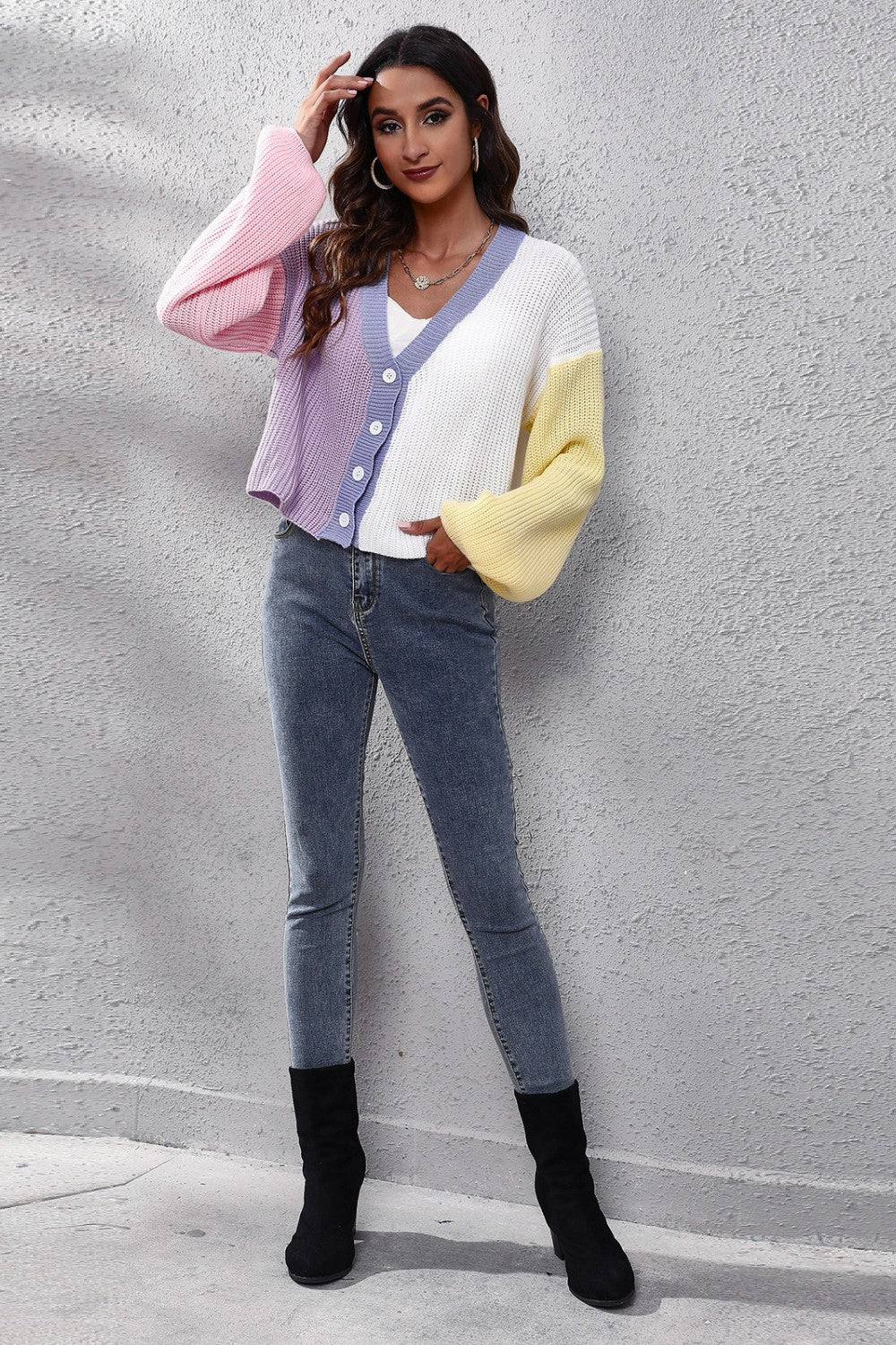 Color Block Button Up V-Neck Knit Top-Angel Casuals