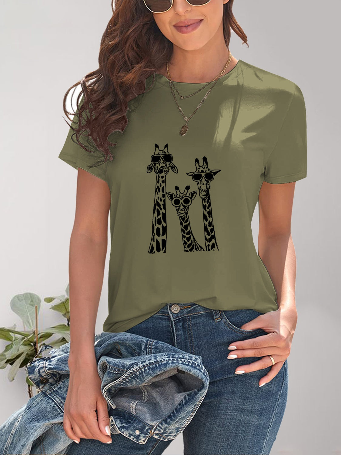 Giraffe Graphic Round Neck T-Shirt-Angel Casuals