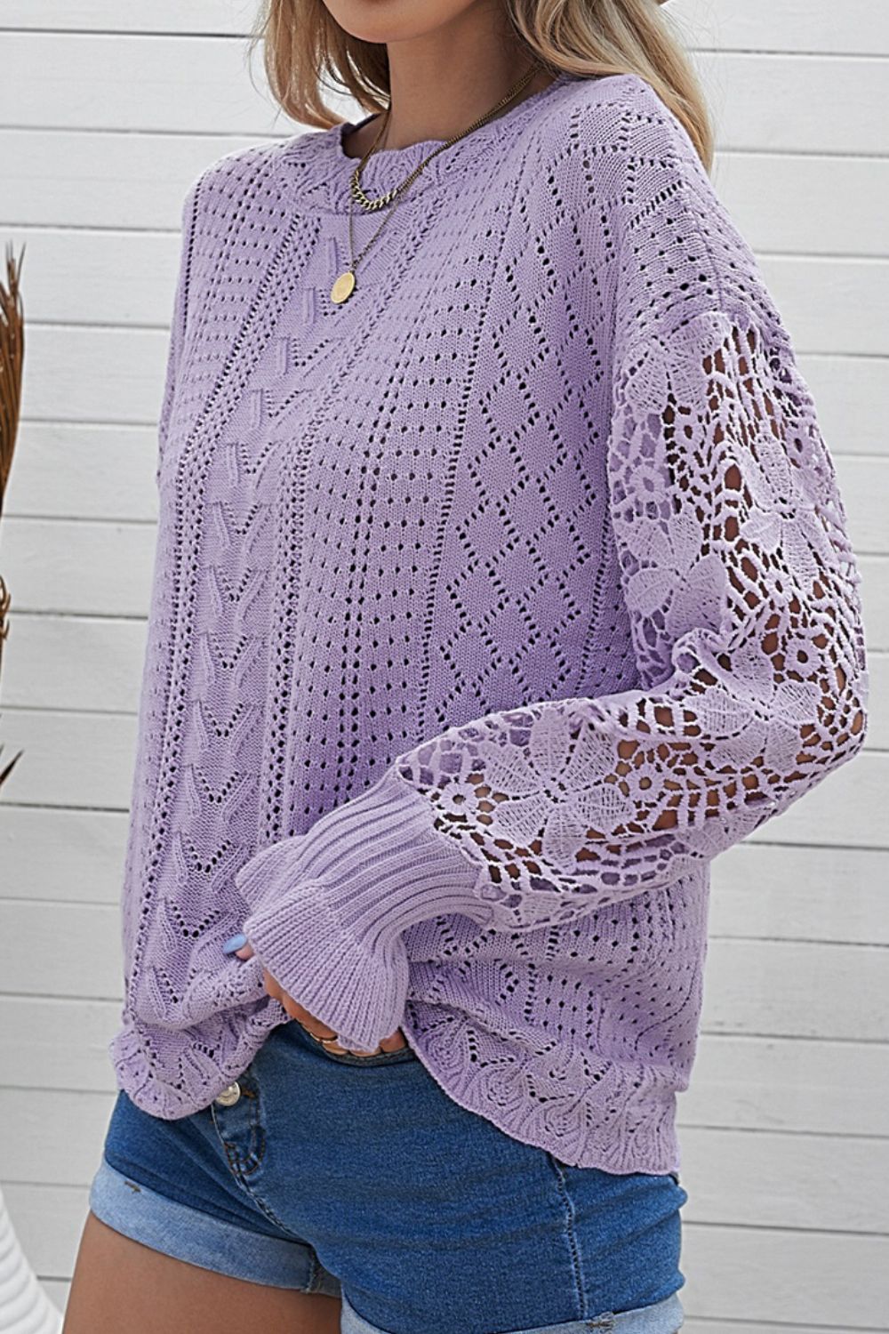 Openwork Round Neck Long Sleeve Sweater-Angel Casuals