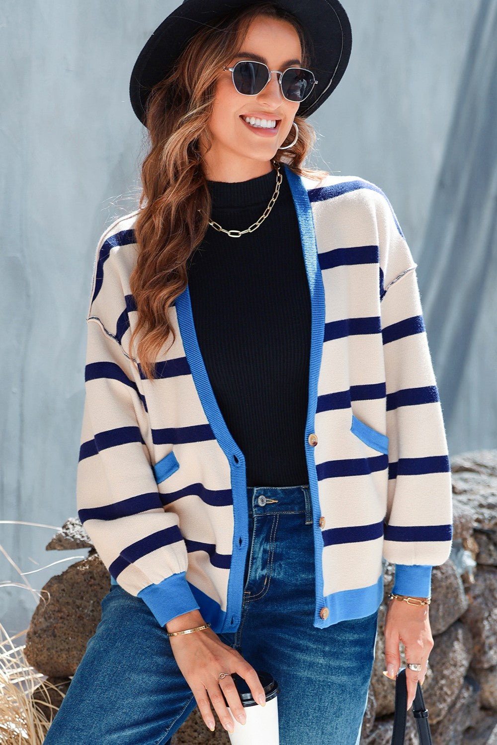 Striped Button Up Long Sleeve Cardigan-Angel Casuals