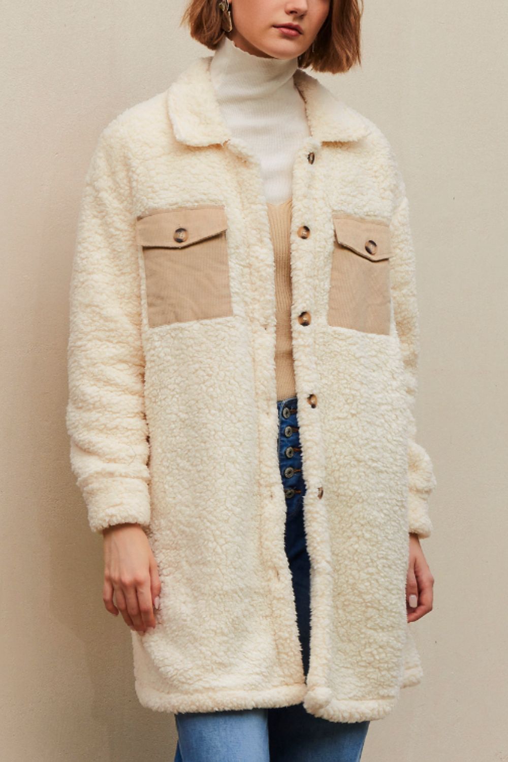 Collared Neck Long Sleeve Longline Teddy Jacket-Angel Casuals