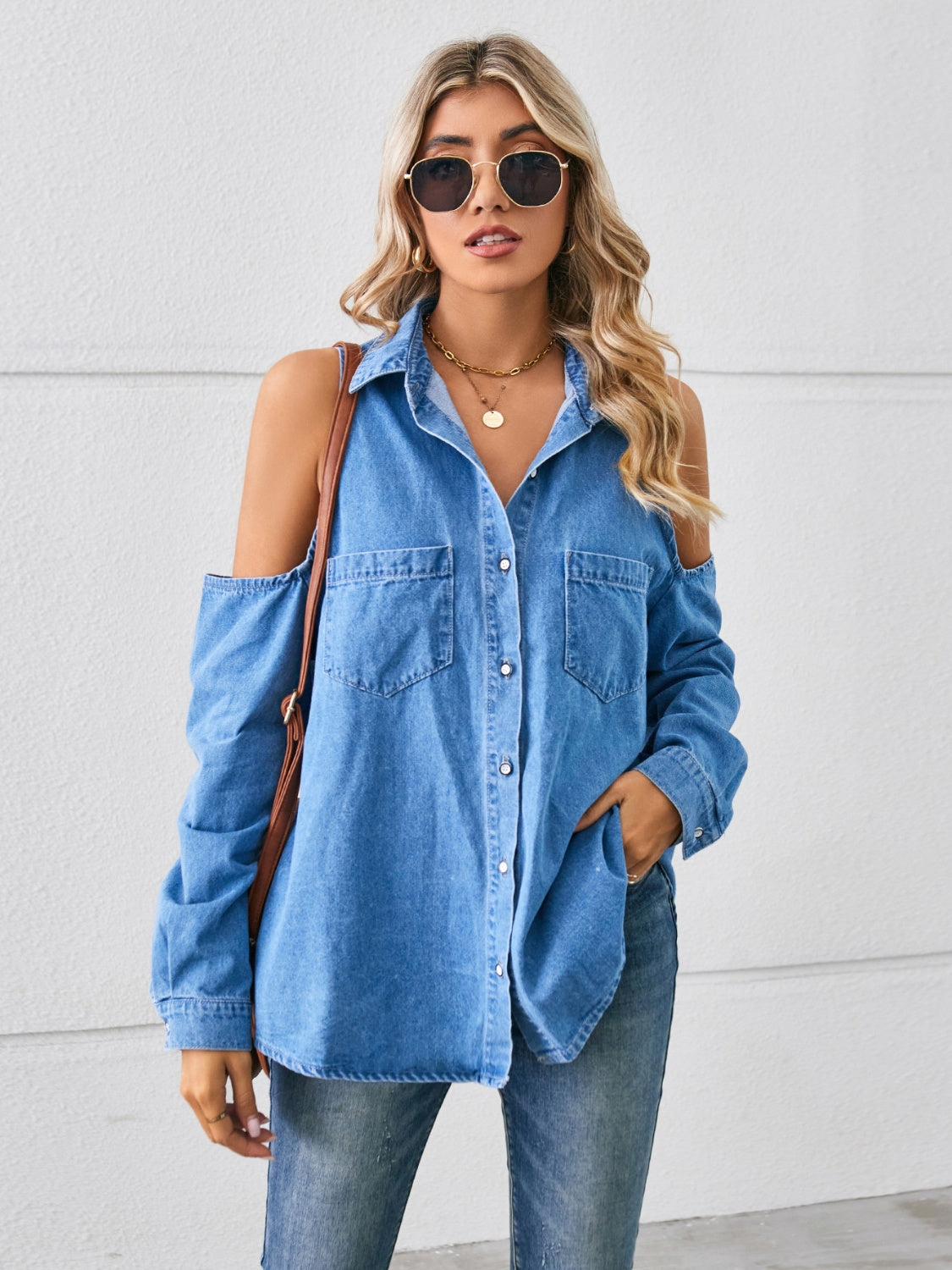 Cold Shoulder Pocketed Button Up Denim Jacket-Angel Casuals