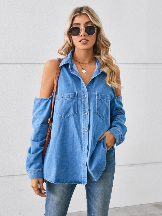 Cold Shoulder Pocketed Button Up Denim Jacket-Angel Casuals