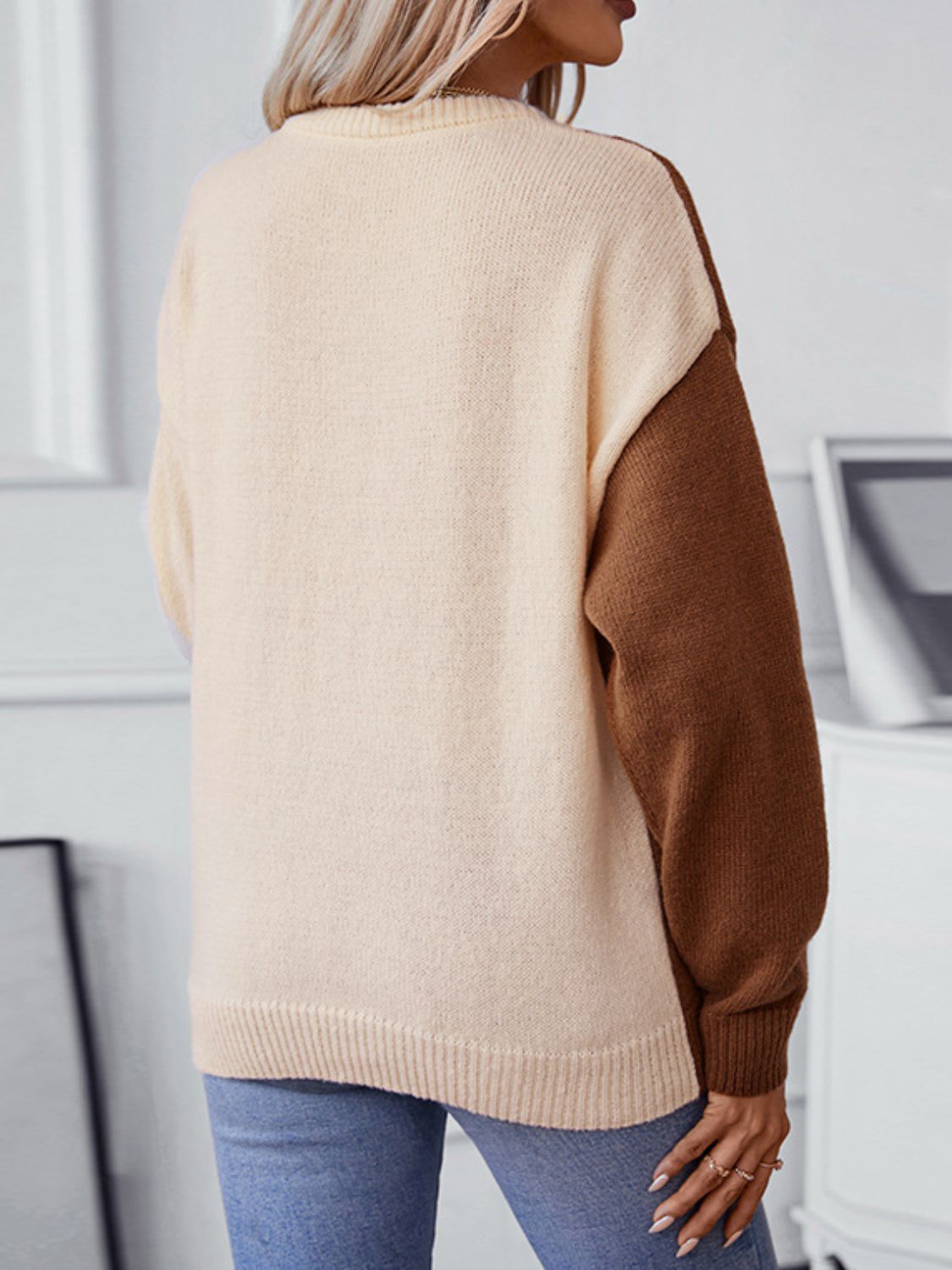 Two Tone Cable Knit Round Neck Long Sleeve Sweater-Angel Casuals