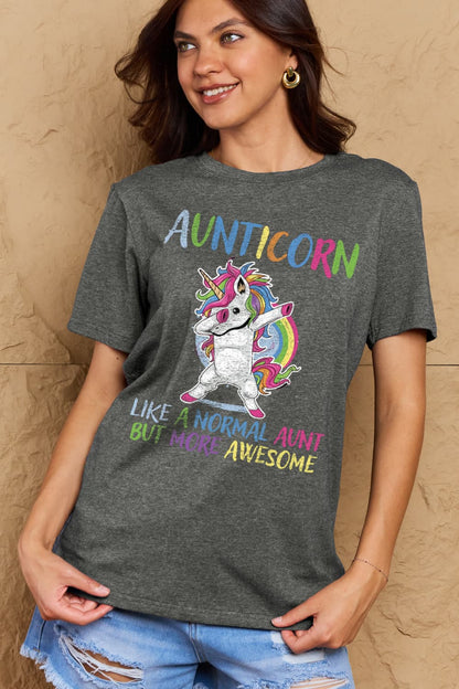 Simply Love Full Size AUNTICORN LIKE A NORMAL AUNT BUT MORE AWESOME Graphic Cotton Tee-Angel Casuals