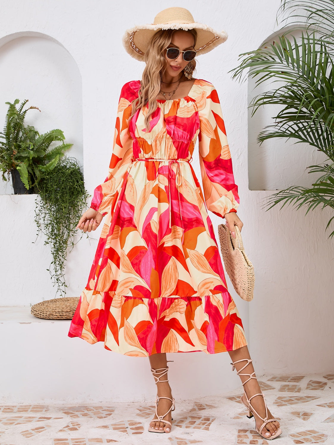 Printed Long Sleeve Midi Dress-Angel Casuals