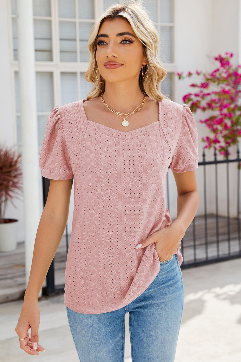 Eyelet Puff Sleeve T-Shirt-Angel Casuals