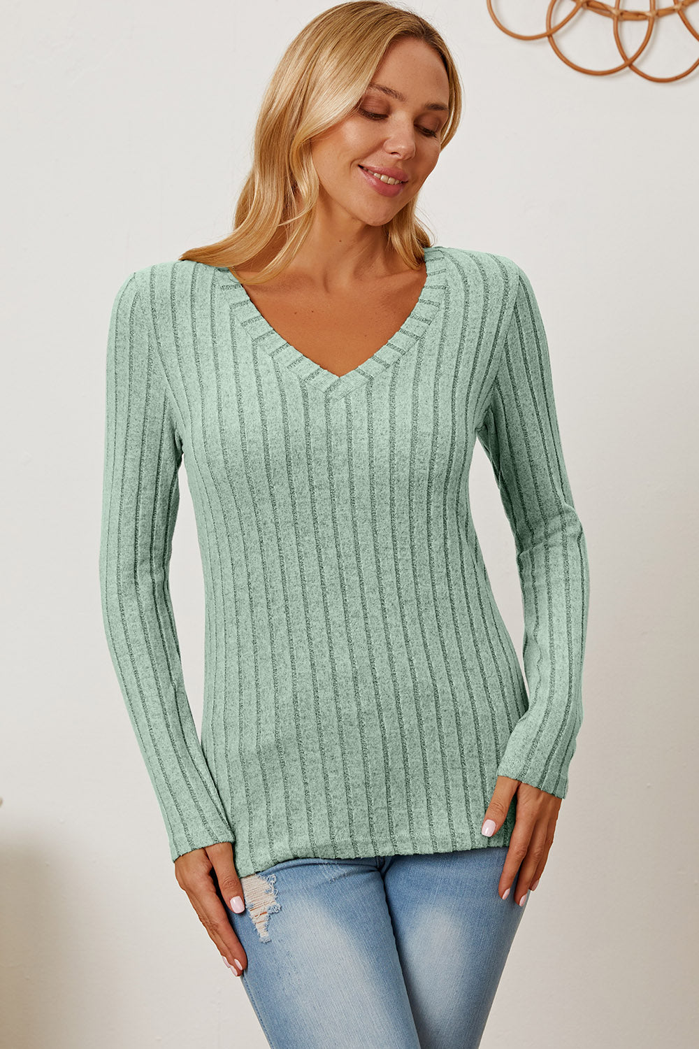 Basic Bae Full Size Ribbed V-Neck Long Sleeve T-Shirt-Angel Casuals