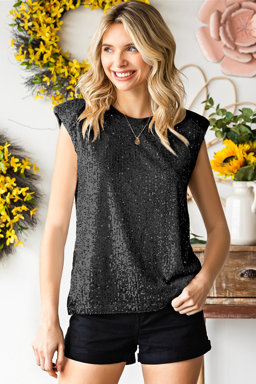 Sequin Round Neck Capped Sleeve Tank-Angel Casuals