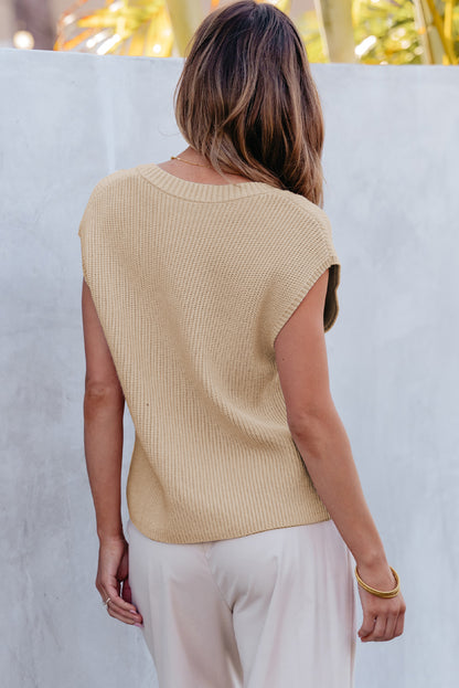 Pocketed V-Neck Cap Sleeve Sweater-Angel Casuals