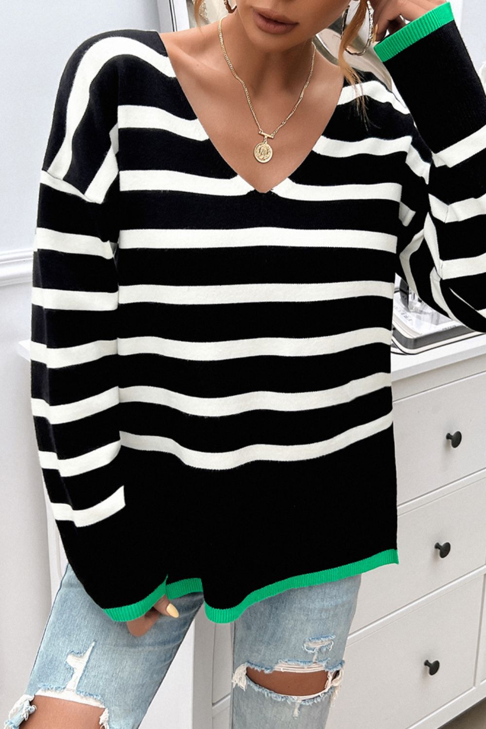 Devine Striped V-Neck Long Sleeve Knit Top-Angel Casuals