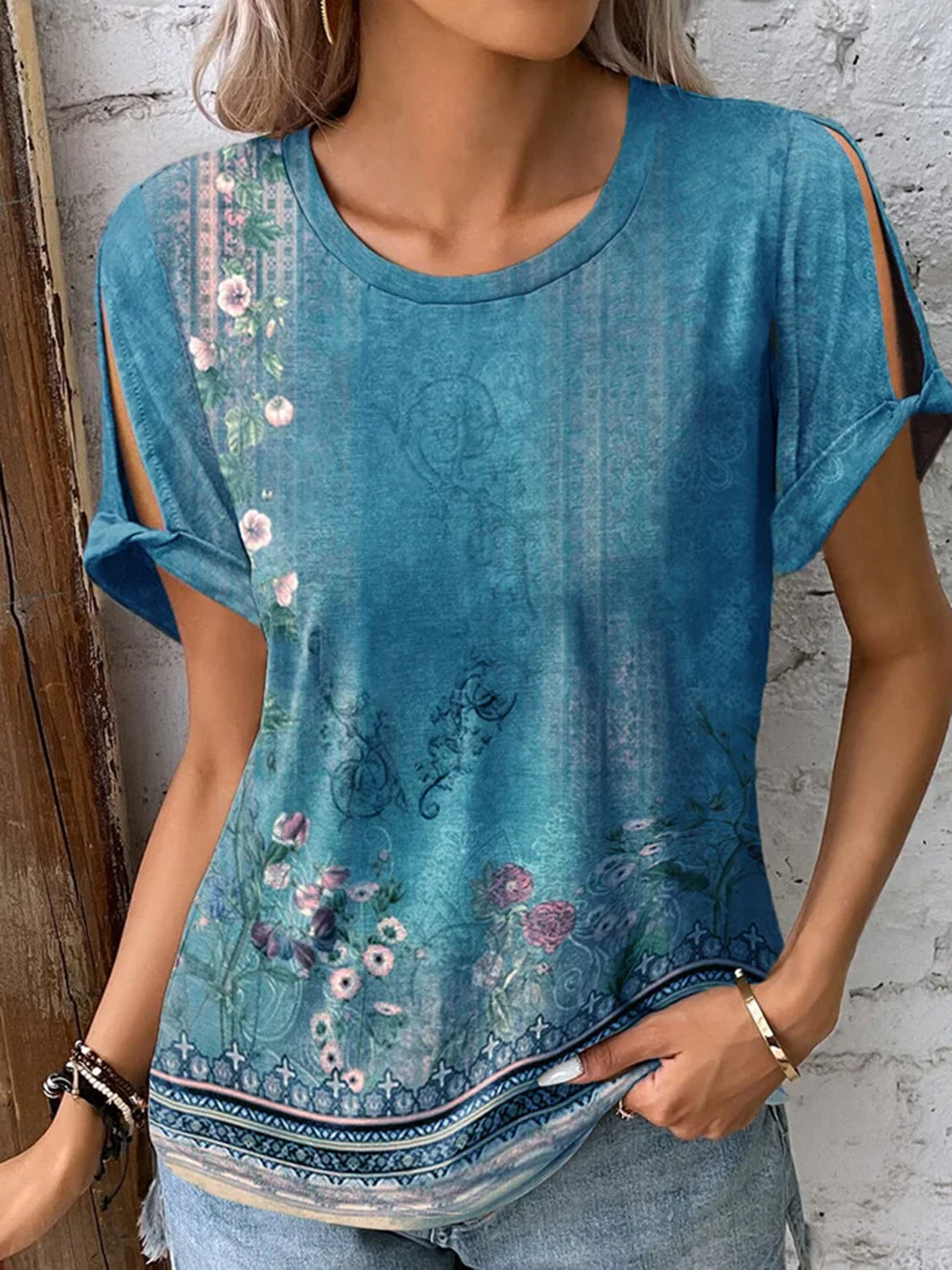 Printed Round Neck Short Sleeve T-Shirt-Angel Casuals