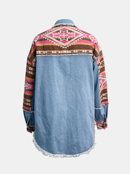 Geometric Collared Neck Long Sleeve Shacket-Angel Casuals