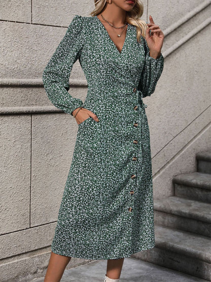 Printed Surplice Long Sleeve Midi Dress-Angel Casuals