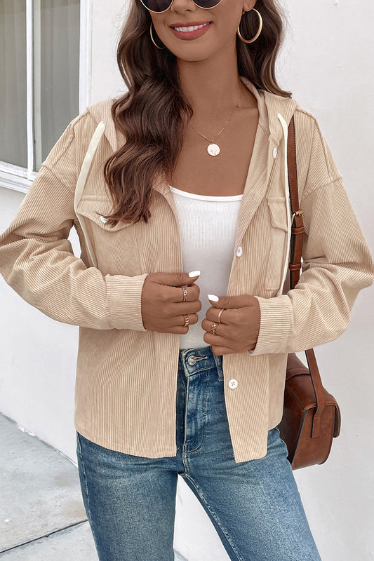Perfee Ribbed Button Up Drawstring Hooded Jacket-Angel Casuals