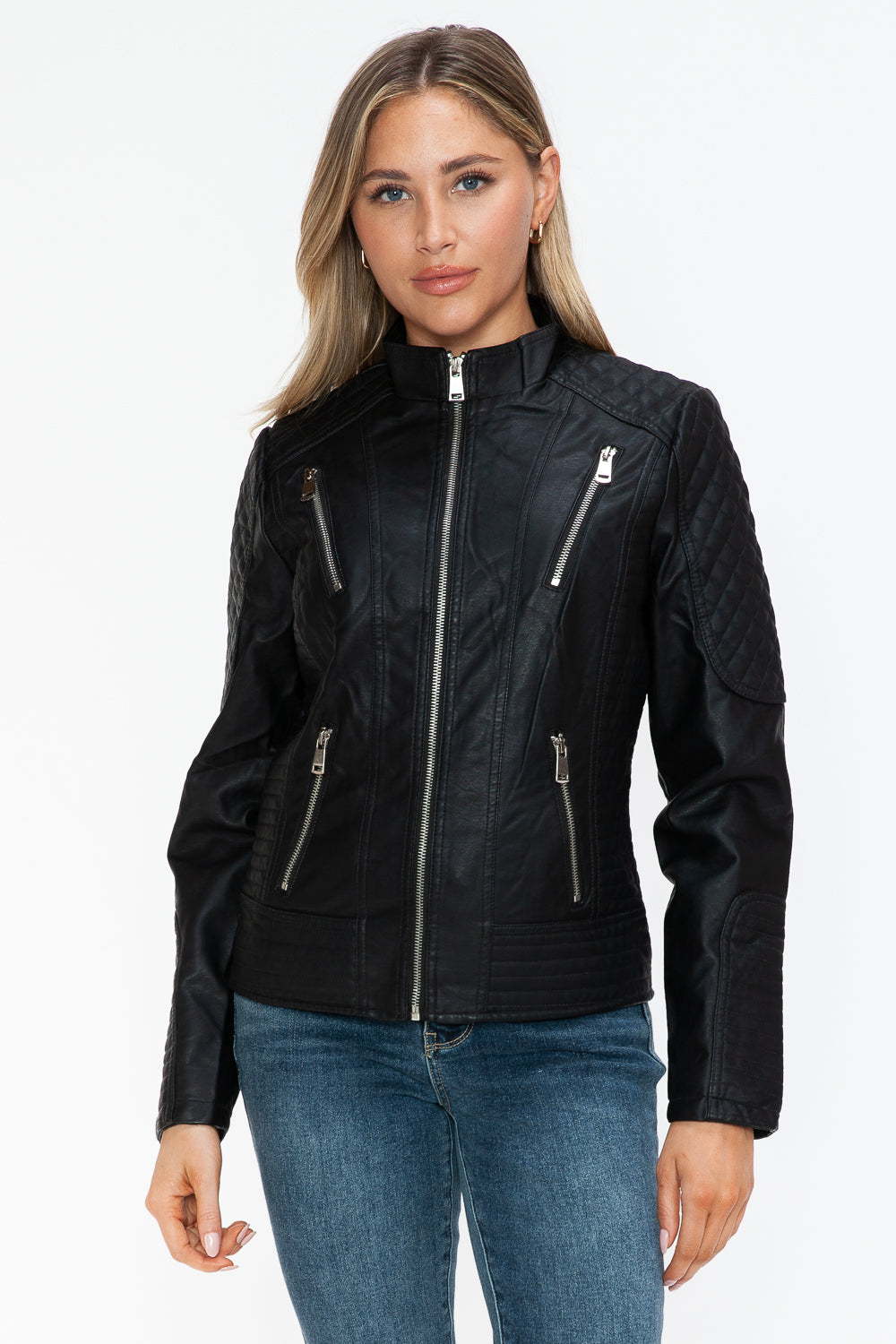 Snobbish Faux Leather Zip Up Mock Neck Jacket-Angel Casuals