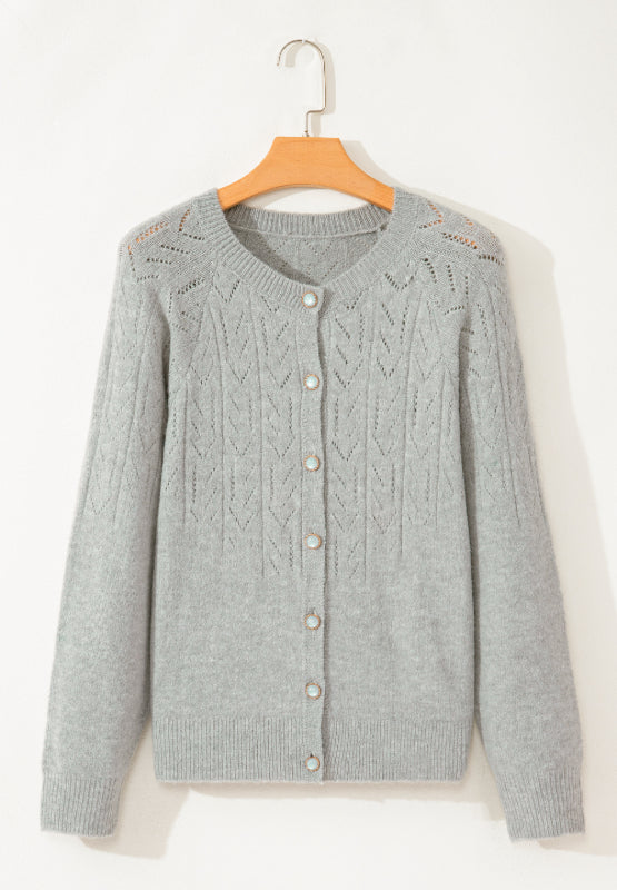 Openwork Button Down Long Sleeve Cardigan-Angel Casuals