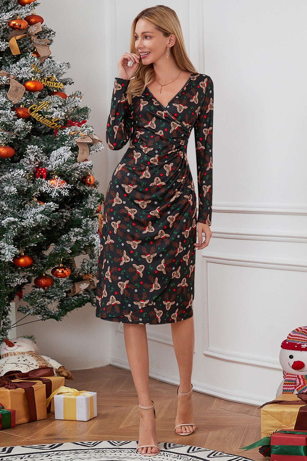 Christmas Element Print Long Sleeve Dress-Angel Casuals