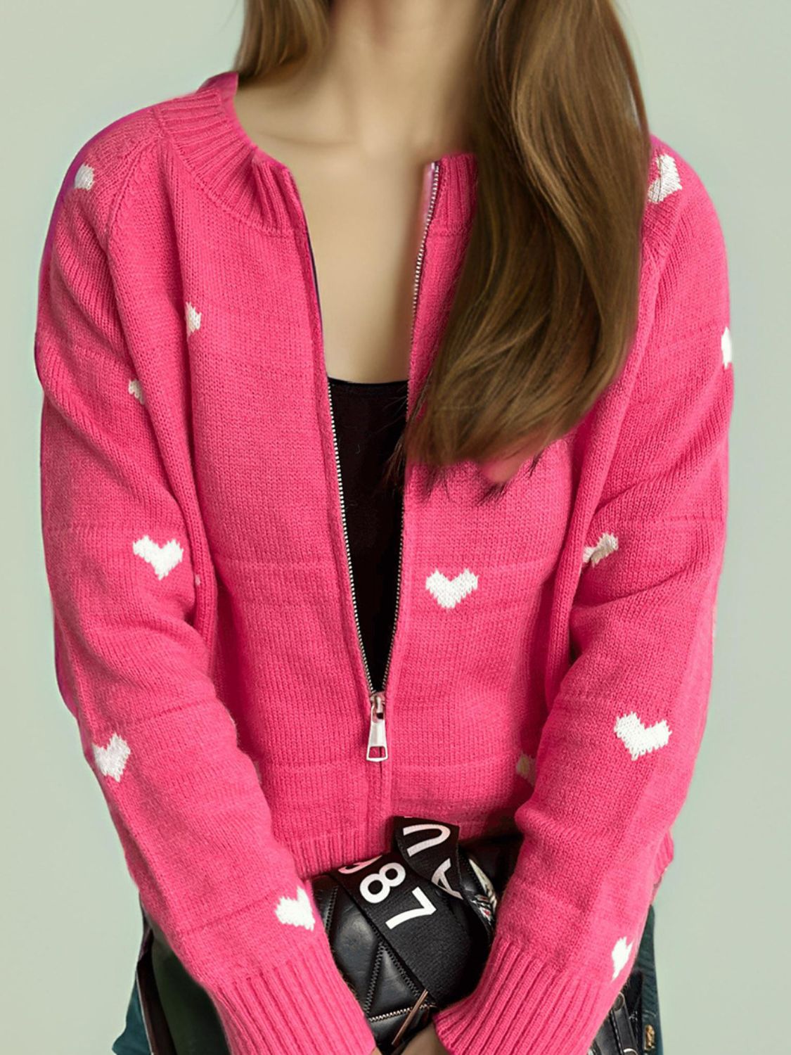 Heart Round Neck Zip Up Cardigan-Angel Casuals