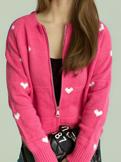 Heart Round Neck Zip Up Cardigan-Angel Casuals
