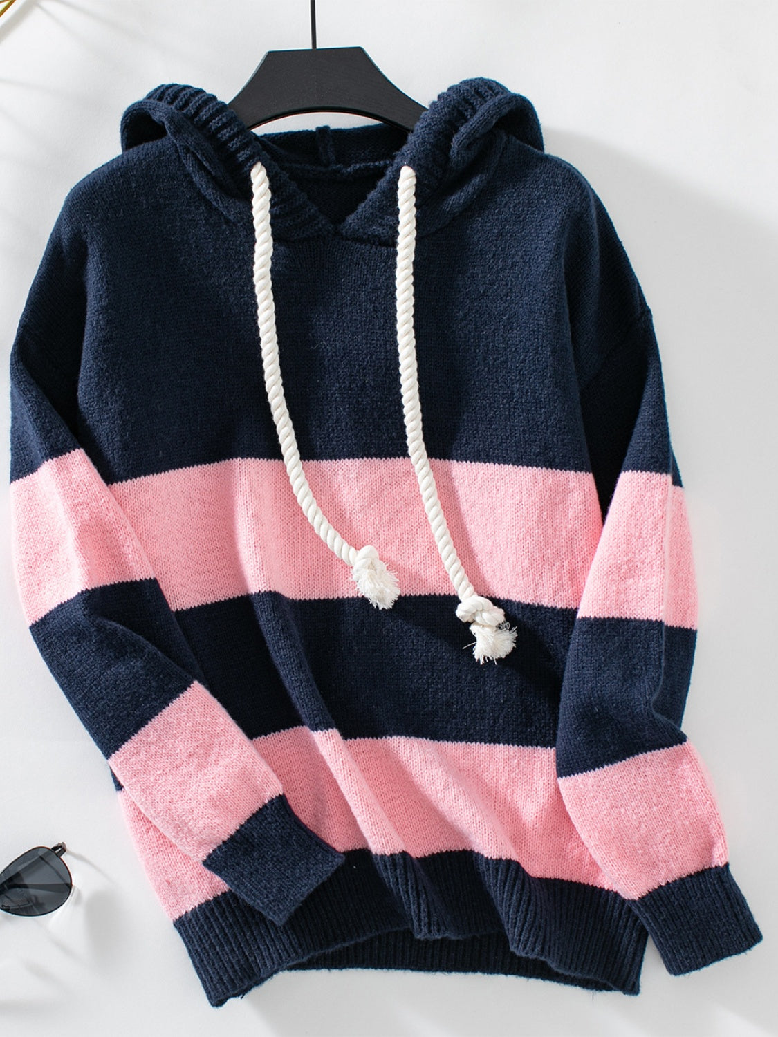 Drawstring Contrast Stripe Dropped Shoulder Hooded Sweater-Angel Casuals