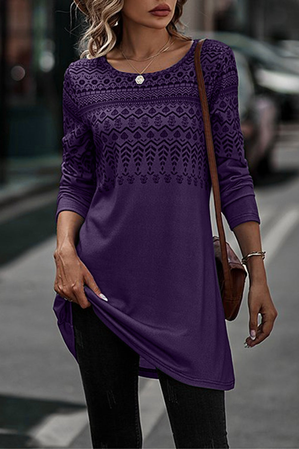 Printed Round Neck Long Sleeve T-Shirt-Angel Casuals