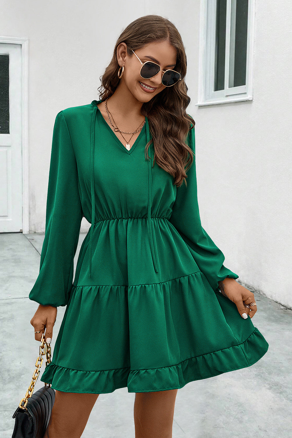 V-Neck Tie Neck Long Sleeve Dress-Angel Casuals