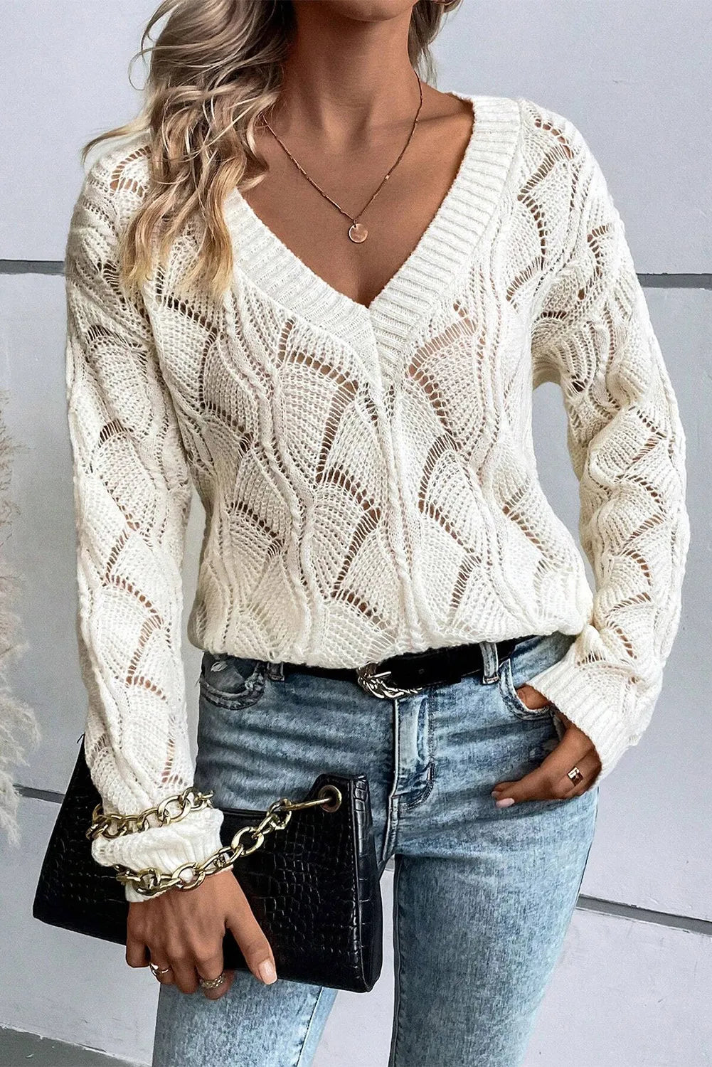 Openwork V-Neck Long Sleeve Sweater-Angel Casuals