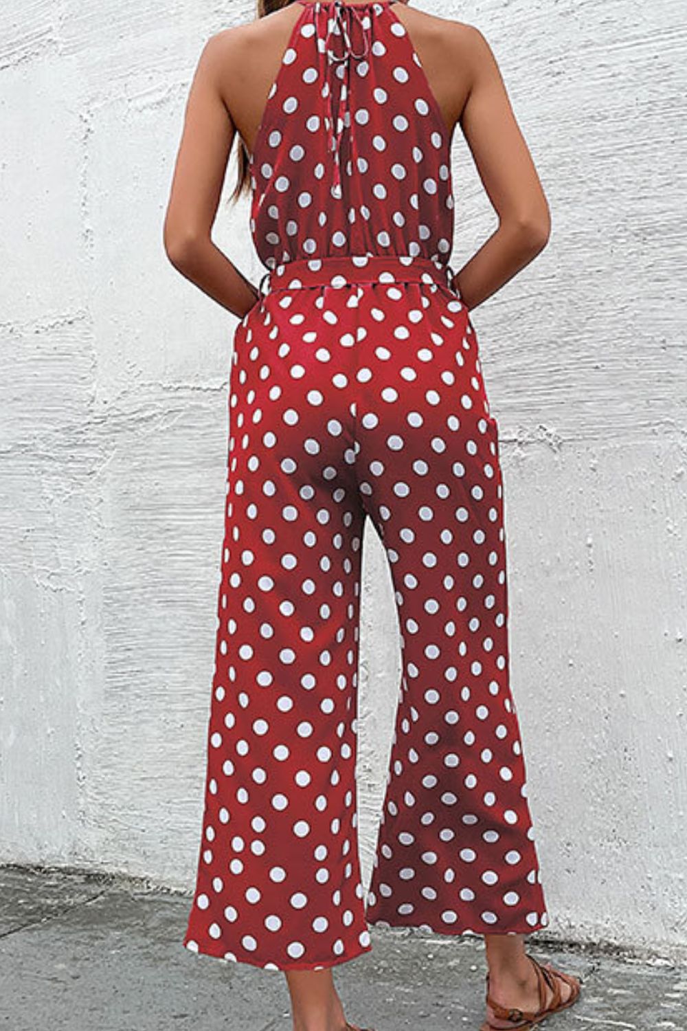 Polka Dot Grecian Wide Leg Jumpsuit-Angel Casuals