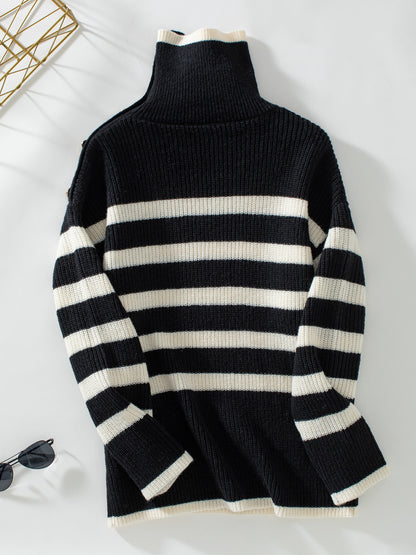 Buttoned Striped Long Sleeve Sweater-Angel Casuals