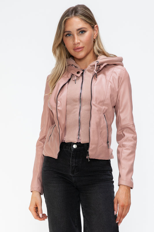 Snobbish Faux Leather Zip Up Drawstring Hooded Jacket-Angel Casuals