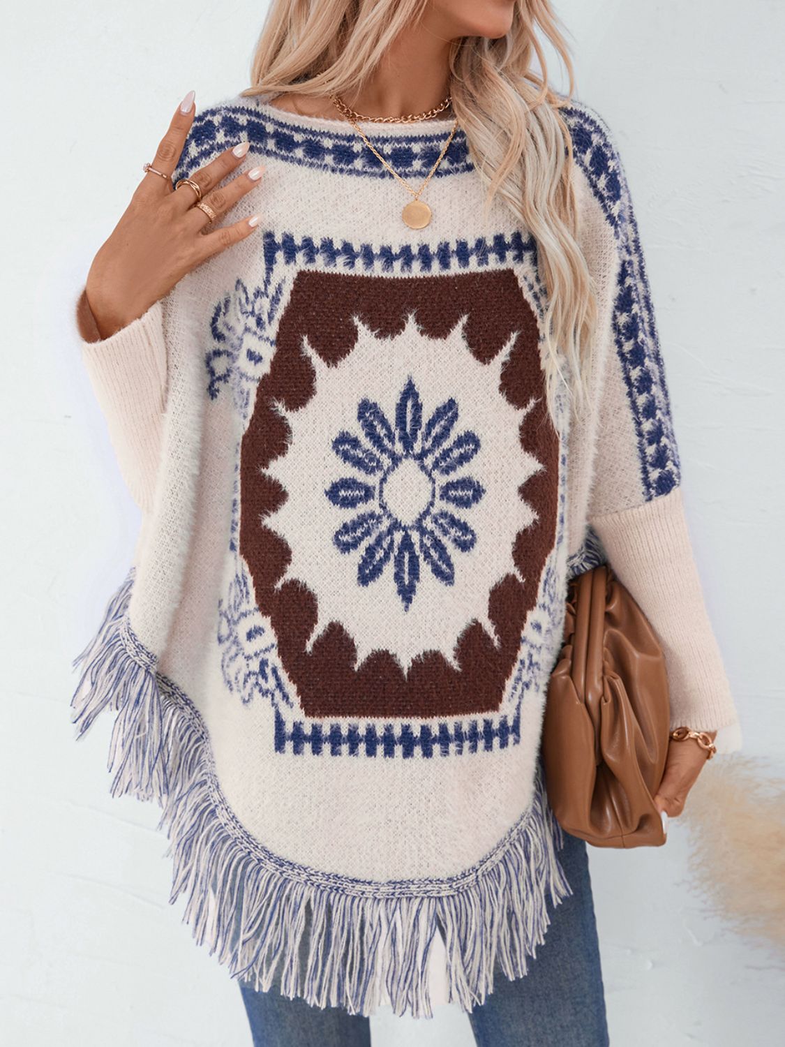 Fringe Geometric Long Sleeve Poncho-Angel Casuals