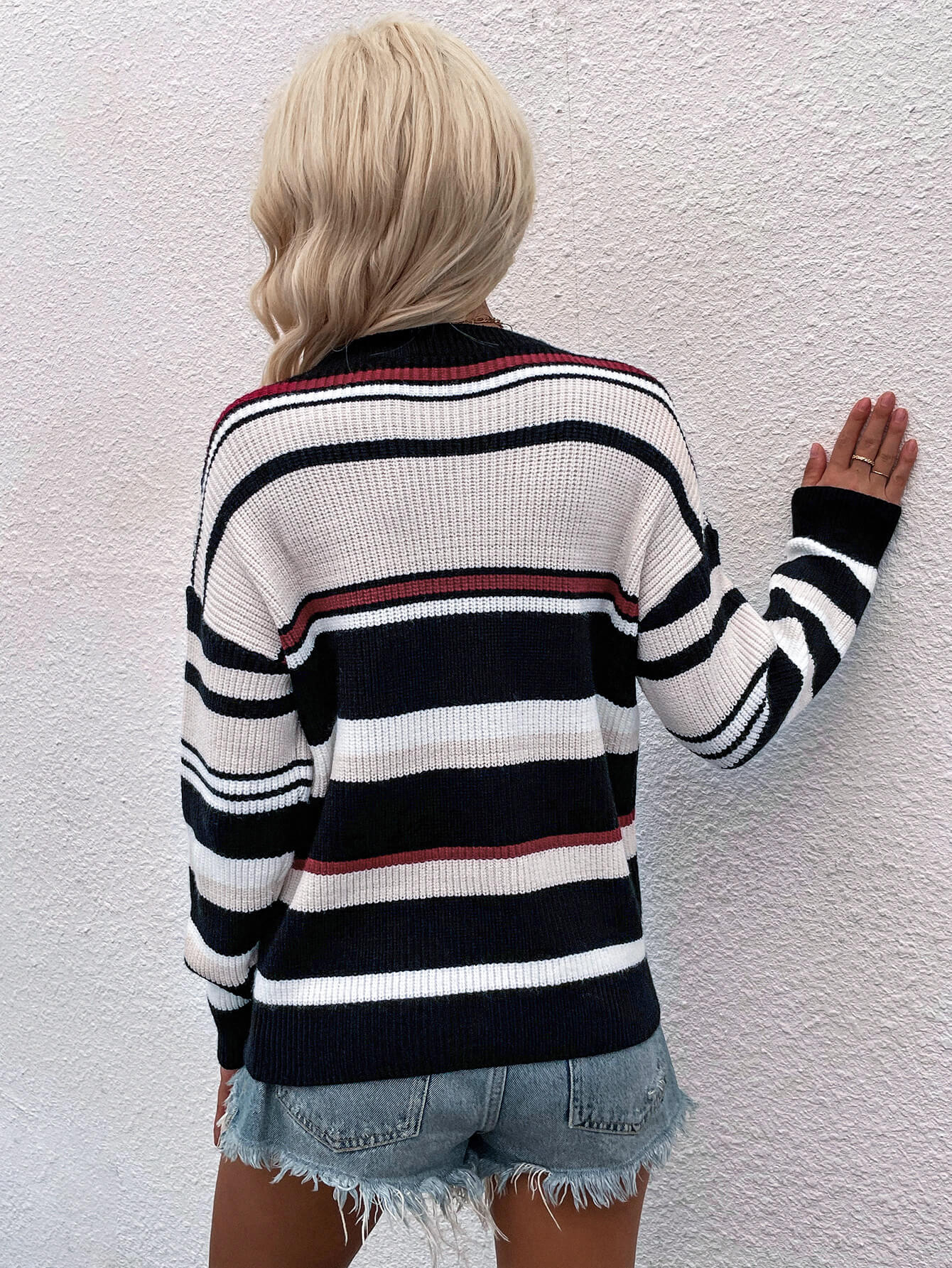 Striped Drop Shoulder Round Neck Pullover Sweater-Angel Casuals