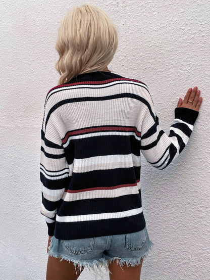 Striped Drop Shoulder Round Neck Pullover Sweater-Angel Casuals