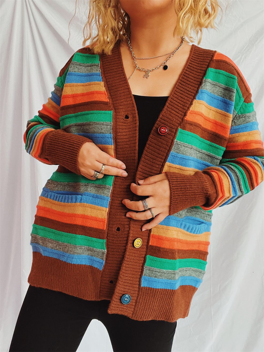 Contrast Stripes Button Up Long Sleeve Cardigan-Angel Casuals