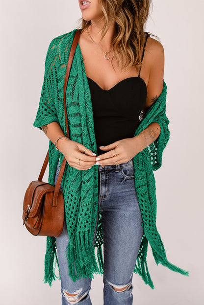 Openwork Open Front Cardigan with Fringes-Angel Casuals