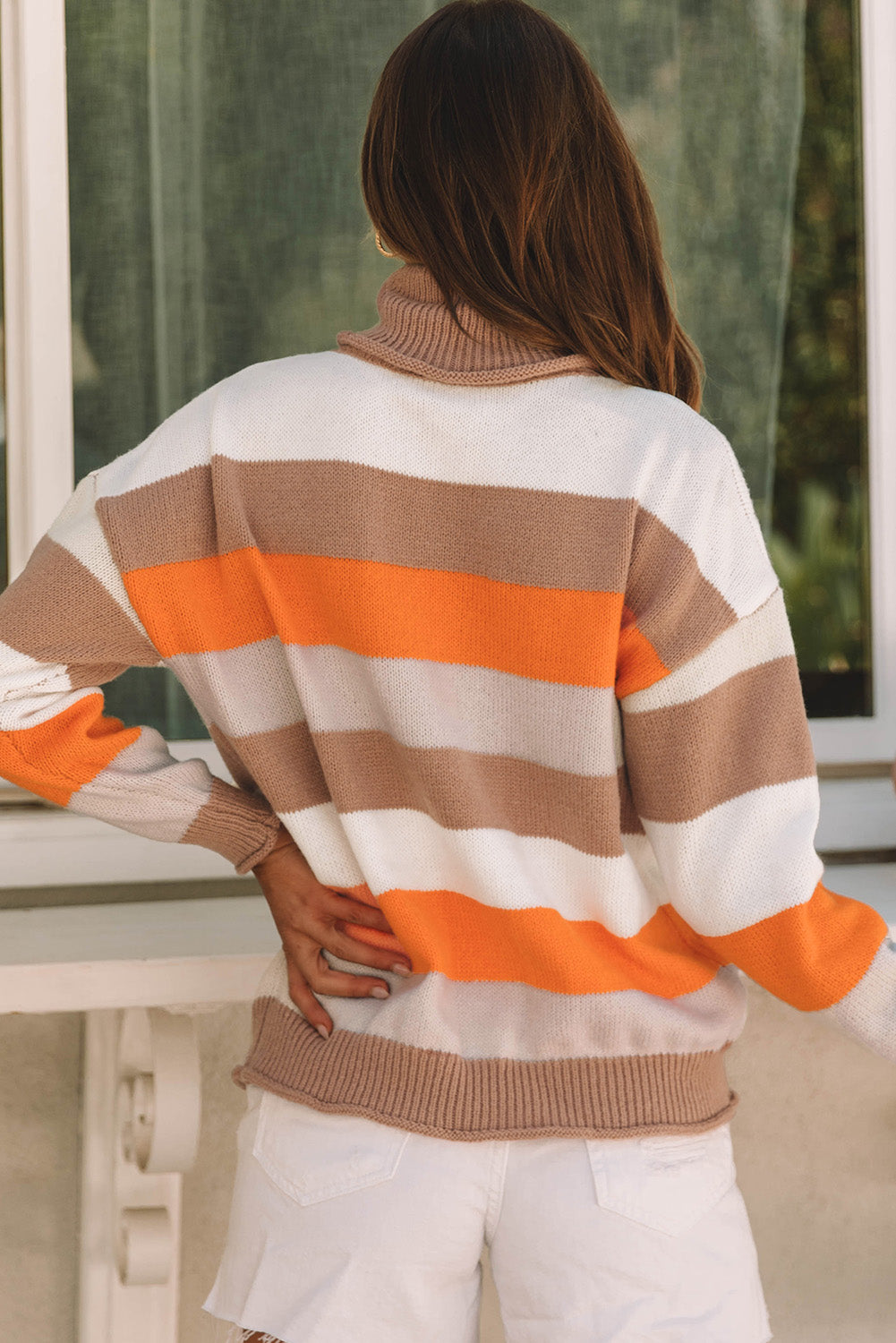 Color Block Drop Shoulder Turtleneck Sweater-Angel Casuals