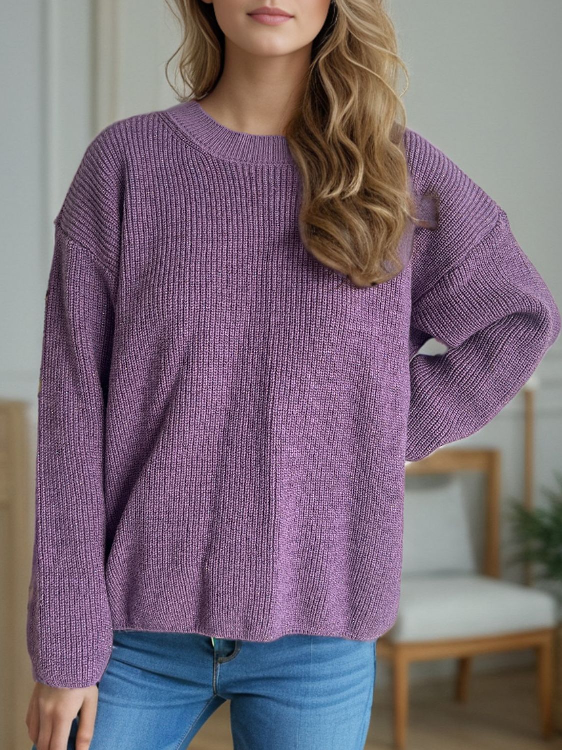 Solid Color Round Neck Long Sleeve Sweater-Angel Casuals