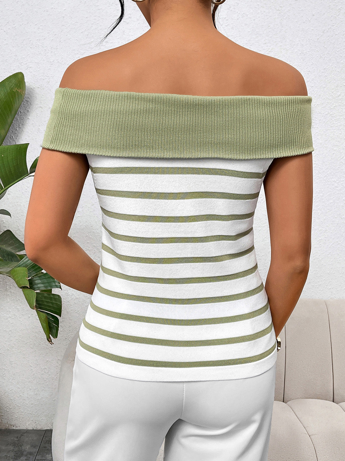 Decorative Button Striped Off-Shoulder Knit Top-Angel Casuals