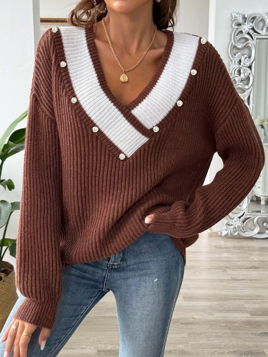 Contrast Trim Dropped Shoulder Long Sleeve Sweater-Angel Casuals