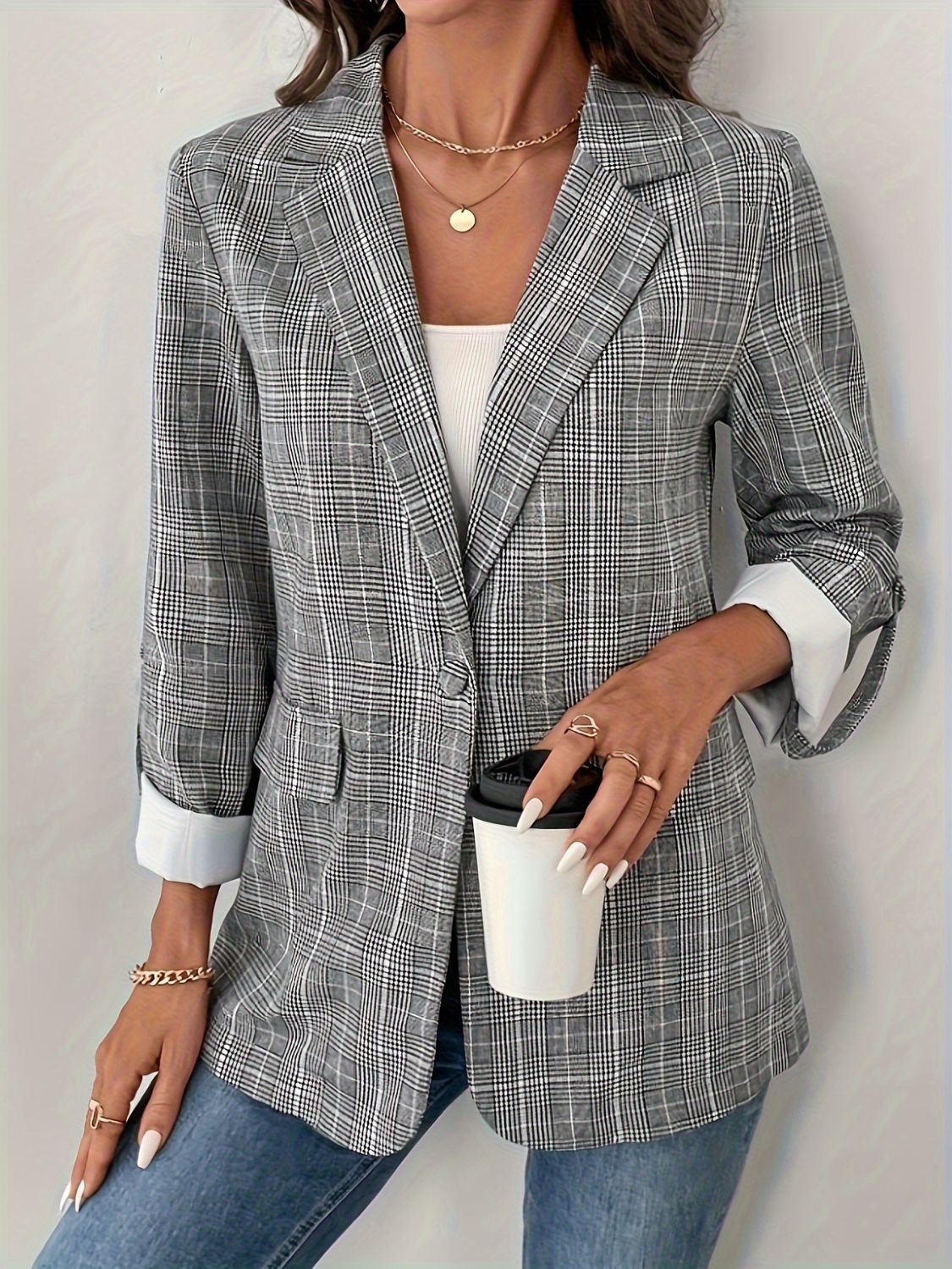 Single-Breasted Lapel Collar Plaid Blazer-Angel Casuals
