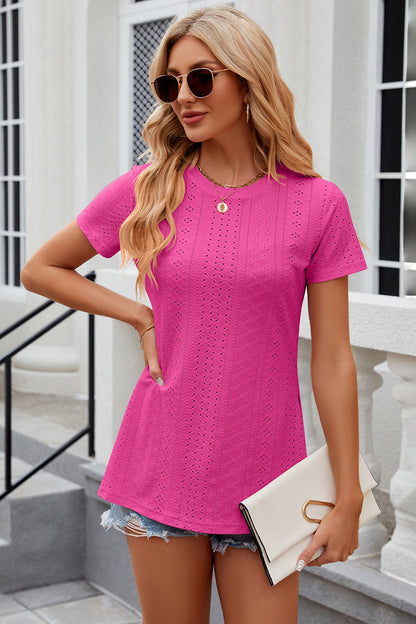 Eyelet Slit Round Neck Short Sleeve T-Shirt-Angel Casuals