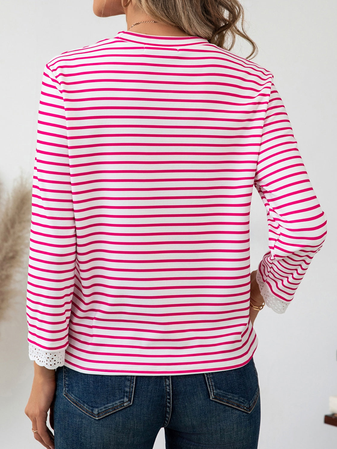 Heart Striped Round Neck Long Sleeve T-Shirt-Angel Casuals